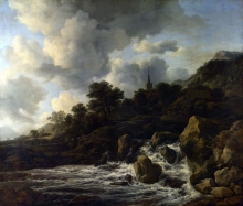 212/ruisdael, jacob isaackszon van - a waterfall at the foot of a hill, near a village